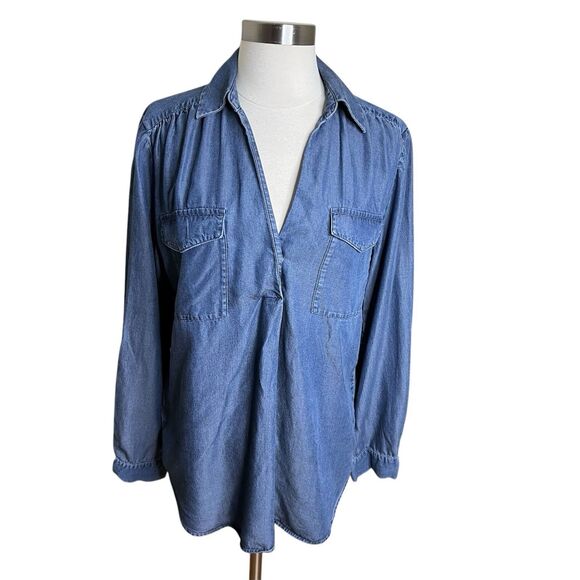 Ann Taylor Popover Top Womens Medium Blue Chambray Lyocell Collar Pockets - Picture 1 of 10